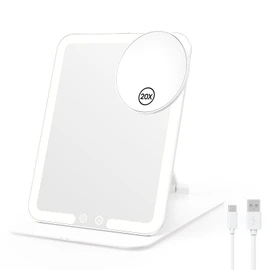 Benbilry Foldable Travel Makeup Mirror with Lights and 20X Magnification, Rechargeable Tabletop LED Vanity Mirror with Adjustable Stand, 3-Colored Dimmable Lighting, Portable Cosmetic Mirror, White
