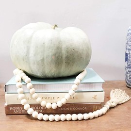 EasyBravo 58 Inch Wood Bead Garland with Tassels, Rustic Farmhouse Beads Wall Hanging Prayer Beads