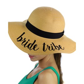 C.C Women's Paper Weaved Crushable Beach Embroidered Quote Floppy Brim Sun Hat, Bride Tribe