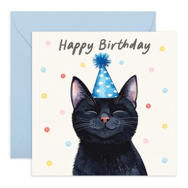 CENTRAL 23 Cute Birthday Card for Him Her – Smiling Black Cat in Party Hat – Animal Greeting Card for Cat Lovers, Men, Women, Kids, Children, Fur Mama or Daddy, Friends - Comes with Stickers