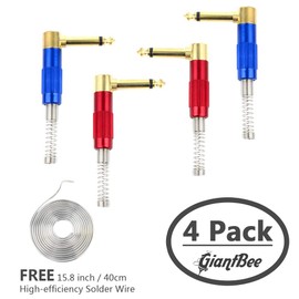 1/4" Audio Plugs 6.35 mm Plug TS Male 1/4 inch Heavy Duty Solder Type Mono Connector with Spring, Right Angle for DJ Mixer, Speaker Guitar Cables, Patch Cable, Microphone Cable Blue+Red (4 Pack)