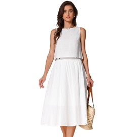 Allegra K Women Summer 2 Piece Outfits Round Neck Sleeveless Crop Top Midi Skirts Set Beige L