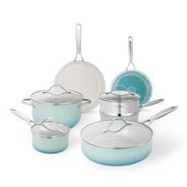 ONGIFT Kitchen Pots and Pans Set Non Stick, 11 Pieces Cookware Set Ceramic Nonstick Coated, Scratch-Resistant, PFAS, PFOA Free, Oven Safe, Rapidly & Evenly Heats, Enamel Exterior Cooking Set - Teal