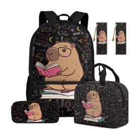 ASQVTIFE Girls School Bag Sets Cute Capybara Backpack with Insulated Lunchbox Pencil Case 4 in 1 Animal Capybara School Bookbag for Kids Kindergarten Elementary Middle School Daypack with Side Pocket