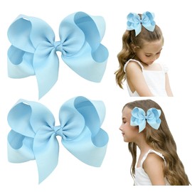 DEEKA 2 PCS 6" Big Hand-made Grosgrain Ribbon Solid Color Hair Bows Alligator Clips Hair Accessories for Little Teen Toddler Girls Kids Set of 2 -Light Blue