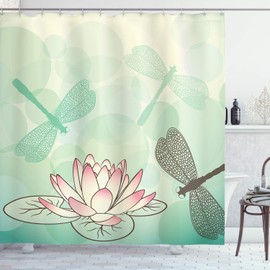 Ambesonne Lotus Flower Shower Curtain, Exotic Blossom with Pinkish Petals Water Lily and Dragonflies on Pale Green, Cloth Fabric Bathroom Decor Set with Hooks, 69" W x 70" L, Pastel Green