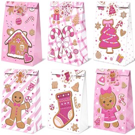 24 Pcs Christmas Paper Treat Bags Pink Brown Gingerbread Man Theme Lunch Bags Christmas Candy Goodie Bags Gingerbread Party Favor Bags with Stickers for Xmas Holiday Birthday Gift Wrapping
