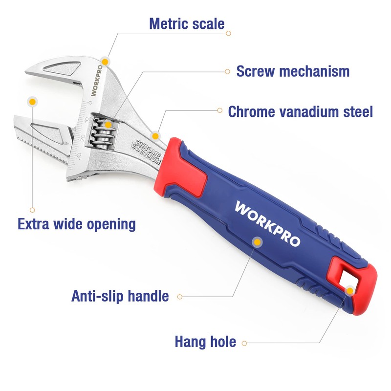 WORKPRO 2-in-1 Adjustable Wrench and Pipe Wrench, 42mm Wide Jaw,