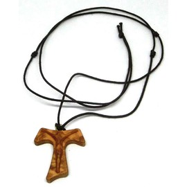 10.273.90 Königskette Kreuz Tau 3 cm mit Christus in Relief Heiliger Franziskus von Assisi, Olivenholz, Kommunion, 3 Knoten