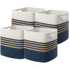 UBBCARE Set of 4 Storage Cubes 13 X 13 X 13 in, Water Hyacinth Storage Bins for Shelves, Toys, Book, Storage Baskets with Handles, Cotton Rope Woven Baskets for Organizing, Navy Blue
