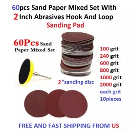 HILDA 60pcs Sand Paper Mixed Set With 2 Inch Abrasives Hook And Loop Sanding Pad
