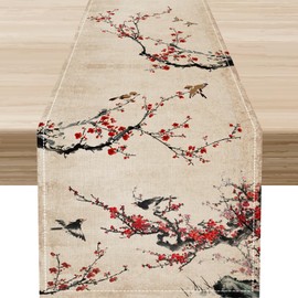 Japanese Table Runner, Traditional Cherry Blossom Vintage Asian Oriental Bird Line Art Table Runner for Wedding Banquet Party Kitchen Dining Decor 13x36