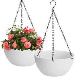 HIGSEEU 13 inch Hanging Planters for Indoor Plants, 2 Pack Planters for Outdoor Plants with Drainage Holes and Chain, Round Plastic Hanging Baskets, Hanging Flower Pots for Balcony Garden Decor-White