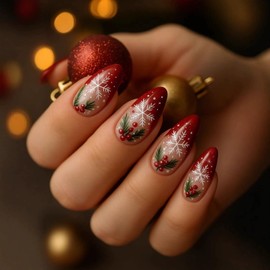 Christmas Press on Nails Almond Snowflake Fake Nails Red French Tip Glue on Nail with Snowflake Holly Berries Designs Acrylic Nails Xmas Press on Nails Medium Almond Stick on Nail for Women