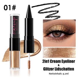 Glitzer Lidschatten & Matte Eyeliner, 2in1 Liquid Metallic Eyeshadow & Eyeliner Stift Gel, Wasserfest & Langlebig Gold Glitzerlidschatten Highlighter, Schnell Trocknend & Wischfest Schwarz Kajalstift