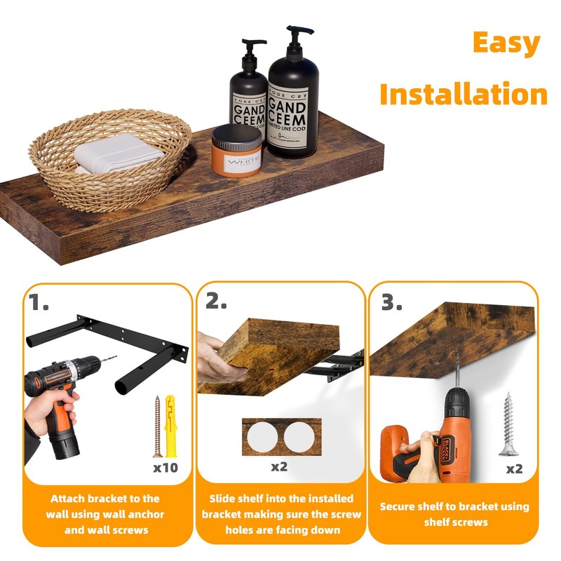 INHABIT UNION Rustic Brown Floating Shelves for Wall，24in Wall Mounted