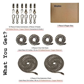 Wayilea Ceiling Fan Light Pull Chain Extender, 3.2mm Diameter Oil Rubbed Bronze Chain String Extension Replacement for lamp Fixture (Four 13.7 Inch, Two 35.4 Inch, 12 connectors & 6 Hooks)
