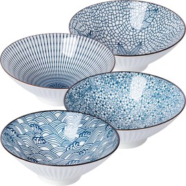Yuanlity 38 oz Japanese Ramen Bowl Set of 4 - Large 8 Inch Ceramic Soup Bowls, Blue and White Japanese Noodle Bowls for Pho, Ramen, and Cereal - 4 Mixing Patterns