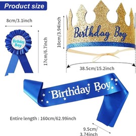 Birthday Boy Party Set - 3Pcs, Adjustable Blue Crown, Birthday Sash, and Button Badge