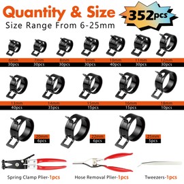 352Pcs 6-25mm Spring Band Hose Clamps Assortment Kit with Spring Clamp Plier & Hose Clamp Plier for Fuel Lines,Automotive,Marine,Gardening,Vacuum Hoses