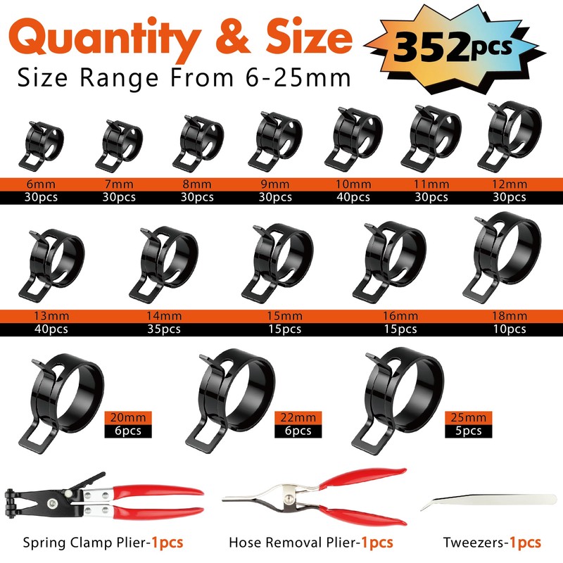 352Pcs 6-25mm Spring Band Hose Clamps Assortment Kit with Spring