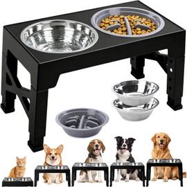 Comedero Elevado para Perro, Plato Elevado para Perro, Ajustable a 5 Alturas, Incluye 1 Recipiente para Cocción Lenta y 2 Recipientes de Acero Inoxidable, para Mascotas Pequeñas y Medianas