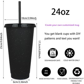 Yisituo 24 oz Reusable Plastic Cups, 10 Pack Cold Cups with Lid and Straw, Tumblers Travel Mugs for Adults and Kids Party and Beach, Pool Gatherings (10, Black)