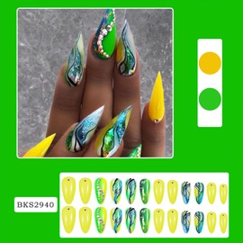 Tyuimhx Green Press on Nails Medium Almond Fake Nails With Glitter Marble Texture Rhinestones Design Yellow False Nails Full Cover Stick on Nails Acrylic Artificial Nails for Women Glue on Nails 24Pcs