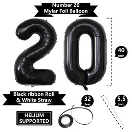 40 Inch Black 20 Number Balloons, Giant Jumbo Helium Mylar Foil Black Number Balloons for Birthday, Black Mylar Digital Balloons for 20th Birthday, Anniversary Party Decorations Supplies