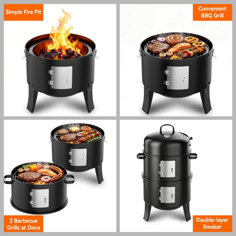 18 Inch Vertical Charcoal Smoker, 3-in-1 Heavy Duty