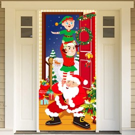 DPKOW Santa Claus Elves Banner for Christmas Decoration, Fabric Banner for Christmas Outdoor Wall Decoration, Christmas Door Cover Decoration, Large Christmas Photo Background Poster, 180 * 90cm