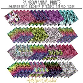 6x6 Pattern Paper Pack - Rainbow Animal Prints - features Leopard Tiger Cheetah Giraffe Zebra Big Cat Zoo -Scrapbook Single-Sided-64 Sheets- 50% Smaller Patterns - by Miss Kate Cuttables