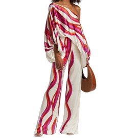 REASERAL Womens Fall Loose 2 Piece Outfits Off Shoulder Printed Long Sleeve Casual Going Out Wide Leg Pants Set