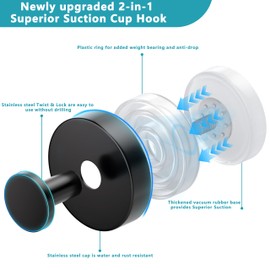 Epritliber Suction Cup Hooks for Shower,No Drill Towel Hooks,Upgraded Hanging 15 lbs Wall Hooks for Bathroom Tile,Kitchen,Glass Door,Windows -Loofah,Coat, Robe,Stainless Waterproof-Matte Black 2 Pcs