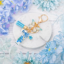 MWOOT Initial Letter T Keychain Resin Alphabet Keyrings,Blue Petals Gold Foil Key Ring Charm with Butterfly Tassel Pendant,Kawaii Key Chain for Womens Gift Ideas Wallet Purse Bag Handbag Decor (T)