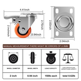 2 Inch Heavy Duty Swivel Plate Caster Wheels with Safety Locking Brake - Load 600lbs,Set of 4 Premium Polyurethane Casters Wheels for Furniture, Table,Cabinet, Bed,Toolbox