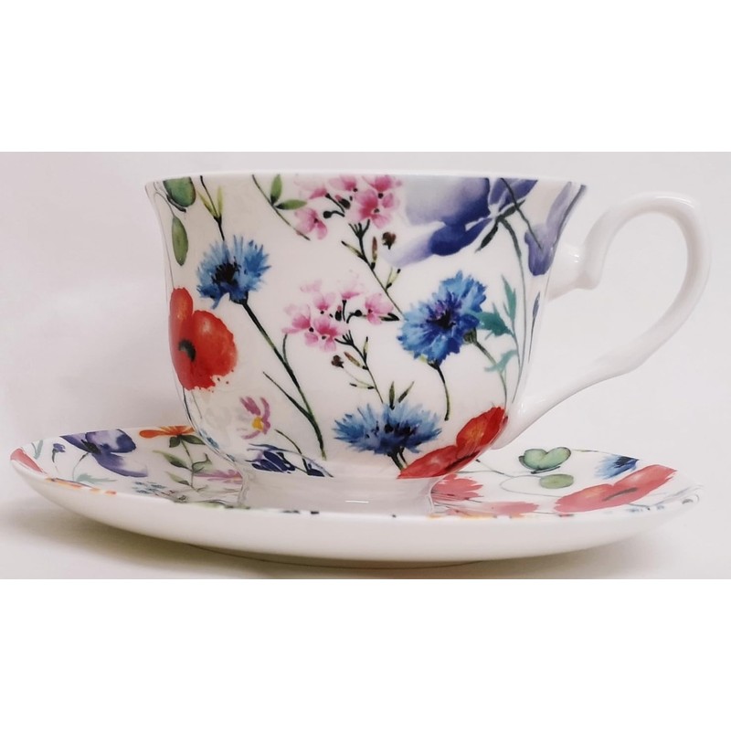 Wildflowers Meadow Tea Cup and Saucer Set Fine Bone China