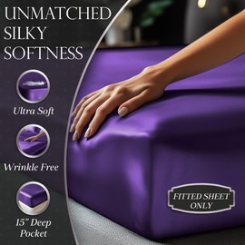 DECOLURE Satin Fitted Sheet Queen Size (1 PC) – Luxuriously Smooth & Softer Than Silk Bed Sheets w/ 15 Inch Deep Pocket Hypoallergenic Wrinkle Free, Secure Snug Fit, Elastic Corner Straps (Purple)