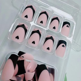 Square Press on Nails Medium - French Tip Press on Nails with Black Love Heart Design Pink Fake Nails Matte Artificial Acrylic Nails Stick on False Nails Valentine’s Day Glue on Nails for Women 24Pcs