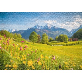 Ulmer Puzzleschmiede - Puzzle "Mountain Summer" - Stylish 1000 Piece Landscape Puzzle - View Over Flower Meadows of the Watzmann Massif in the Berchtesgaden Alps, Bavaria, Germany