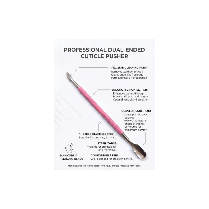 Professional Dual-Ended Cuticle Pusher & Scraper, Stainless Steel, Spear-Shaped Tip,