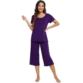 WiWi Pajamas for Women Soft Pajama Sets Short Sleeve Top Capri Pants Viscose from Bamboo Sleepwear Pjs Loungewear S-4X, Dark Purple, Medium