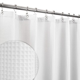 Barossa Design Fabric Shower Curtain Cotton Blend 75 inch Long, Honeycomb Waffle Weave, Hotel Luxury, Heavy Weight, Spa, Washable, White, 72x75