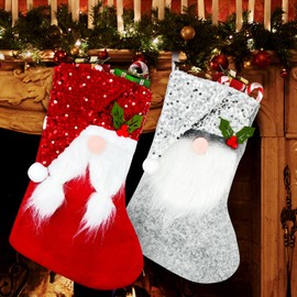 NOCHME Christmas Stocking Fireplace for Filling Large Glitter Santa Stocking Set of 2 Fireplace Socks for Hanging Christmas Decoration Stocking Christmas Socks New Year Decoration Red and Grey