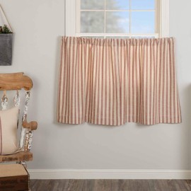 Market Place Red Ticking Stripe Tier Curtains, Set of 2, 36" Long, Farmhouse Style Brick Red & Natural Cream Tiers/Café Curtains
