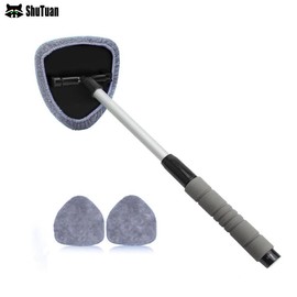 Shutuan Car Windshield Cleaning Tool, Car Window Cleaner with 2 Washable Reusable Microfiber Pads, Extendable Long Handle Glass Wiper Cleaning Kit, Car Accessories Universal for Office and Home, Car Cleaning:_Royal Blue_1pc Window Cleaner + 2pcs Microfiber Pads