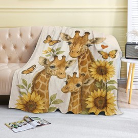 coedoaes Giraffe Family Fleece Blanket,50x60in,Cute Giraffes Sunflower Butterfly Heart Neutral Throw Blankets,Soft Cozy Lightweight, Ideal for Bed Living Room Home Farmhouse Lovers Decor,Gifts