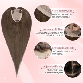 SEGOHAIR Real Human Hair Toppers for Women 3.54"*4.72" Silky Base 150% Density No Bangs Adjustable Parting Clip-In Topper Hairpieces for Women with Thinning Hair 10 Inches Natural Brown