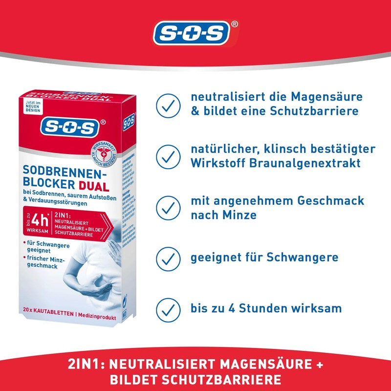 SOS Heartburn blocker dual: heartburn tablets work fast and long-lasting,