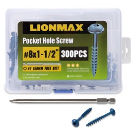 LIONMAX Pocket Hole Screws 1-1/2 Inch, 300 PCS Exterior Pocket Screw #8 x 1-1/2", Coarse Thread, Square Drive, Washer Head, Blue Coated Weather Resistant, 150MM Drive Bit Included